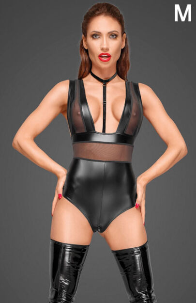 F183 Powerwetlook body with wide straps, tulle inserts and velvet choker M