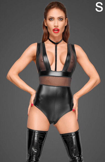 F183 Powerwetlook body with wide straps, tulle inserts and velvet choker S