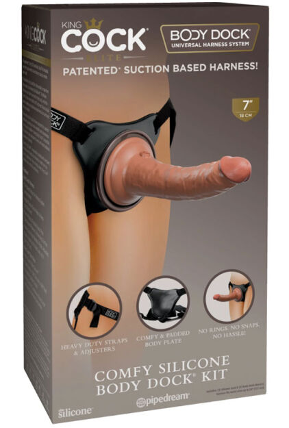 Uprząż z silikonowym dildo Pipedream King Cock Elite Comfy Silicone Body Dock Kit Brown