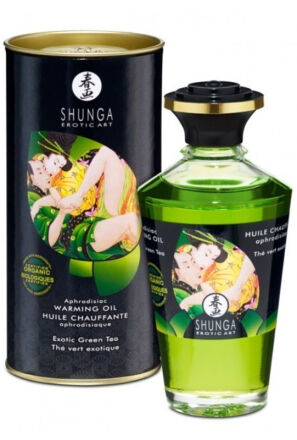 Organiczny jadalny olejek rozgrzewający do miejsc intymnych o smaku zielonej herbaty Shunga Aphrodisiac Warming Oil Exotic Green Tea 100ml